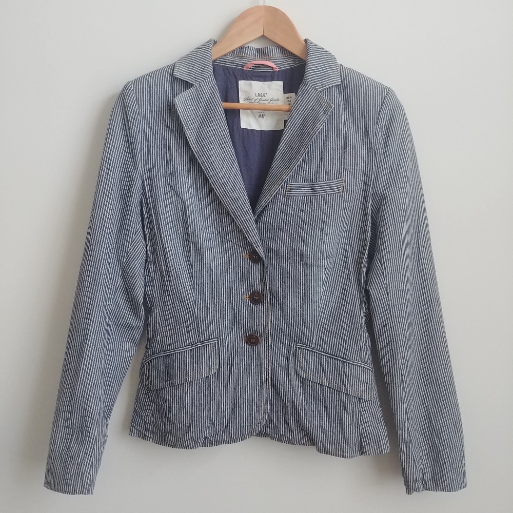 White blue striped cotton blazer jacket size 6